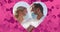 Animation of hearts over married caucasian couple with face masks