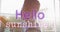 Animation of hello sunshine text in purple over african american boy drawing curtains on sunny day