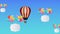 Animation of hexagon pattern with hot air balloon and clouds hanging on multicolored balloons