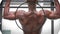 Animation of high score text in black circle outline over muscular man doing pull ups