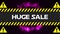 Animation of huge sale text on hazard sign, with pink smoke explosion on black