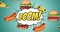 Animation of illustration with boom text over fast food hot dogs, hamburgers and pizza slices