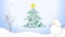 Animation Illustration of Christmas tree ornament icon and white snowing winter landscape with snowman snowflakes falling and hand