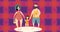 Animation of illustration of happy parents and daughter in beachwear holding hands