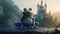 an animation inspired frog prince in front of a castle, ai generated image