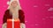 Animation of jolly text in white, with smiling santa holding christmas present on pink background