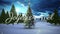 Animation of joyeux noel christmas greetings over christmas tree in winter scenery