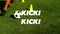 Animation of kick text over football player on the pitch