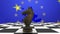 Animation of knight on chess board and european union flag over map against blue background