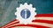 Animation of labor day hammer over cog, constitution text and american flag