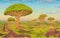 Animation landscape: African valley, dragon blood trees, withered grass, cloudy sky.