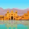 Animation landscape: the ancient Indian palace on the river bank.