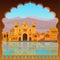 Animation landscape: the ancient Indian palace on the river bank.