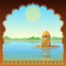 Animation landscape: the ancient Indian palace, view from the window, arbor in the river.