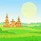 Animation landscape: green valley, ancient Slavic city, tower, fence, churches.