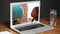 Animation of a laptop showing mixed race girl looking at a globe on the screen