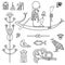 Animation linear drawing: set of Egyptian symbols. Sacred bird God of Gore sails in a boat.