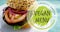 Animation of locally grown, vegan menu text over veg burger in plate on kitchen counter