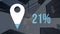 Animation of location icon with percentage and buildings in background