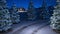 Animation of magic winter snowfall night scene with snowy meadow and cottage. 3D render. seamless loop
