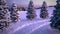 Animation of magic winter snowfall sunset scene with snowy meadow a nd cottage. 3D render. seamless loop