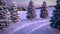 Animation of magic winter sunset scene with cottage and christmas tree. 3D render. seamless loop