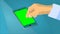 Animation of man`s hand sliding finger on smartphone with green screen HD video footage against bokeh blurred blue screen