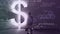 Animation of a man silhouette standing by a shiny American dollar sign over mathematics equations.