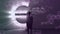 Animation of a man silhouette standing by a shiny Euro sign over mathematics equations.