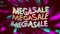 Animation of mega sale in bending colourful text over blue and purple swirling lights