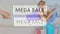 Animation of mega sale text over happy woman laying on sofa