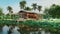 Animation of modern contemporary tropical style wooden farmhouse with a large balcony close to a lotus pond 3d render