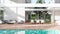 Animation,Modern style white house exterior with wooden swimming pool terrace 3d render