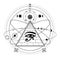 Animation monochrome drawing: symbol of  Egyptian pyramid, eye of Horus, cosmic symbols, orbits of planets.