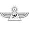 Animation monochrome drawing: winged Egyptian pyramid, eye of Horus, divine shining sun.