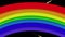 Animation of moving rainbow over falling whisks against black background