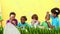 Animation of multi-ethnic group of children decorating Easter eggs on yellow background