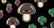 Animation of mushrooms and vegetables moving on black background