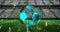 Animation of neon soccer ball over sport stadium and confetti