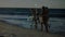 Animation of networks of connections over happy group of friends having fun, walking along beach