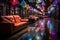 Animation of night club interior in neon lights .disco party 80s concept