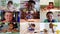 Animation of nine video call screens of diverse children having online primary school lessons