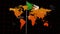 Animation of numbers floating over world map against waving algeria flag on black background