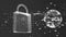 Animation of a padlock and a globe spinning with data processing on black background