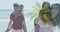 Animation of palm tree over happy biracial family on the beach