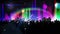 Animation of people silhouettes dancing with spotlights and rainbow graphic music equalizer