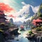 Animation of pink Japanese natural scenery and castles, AI generative