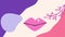 Animation of pink lips moving on face, with tree branch and organic purple, lilac and pink shapes
