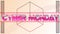 Animation of pink metallic text cyber monday, over neon lines and black hexagon on pale pink