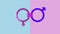 Animation of pink and purple female and male gender symbol linked with equals sign, on blue and pink